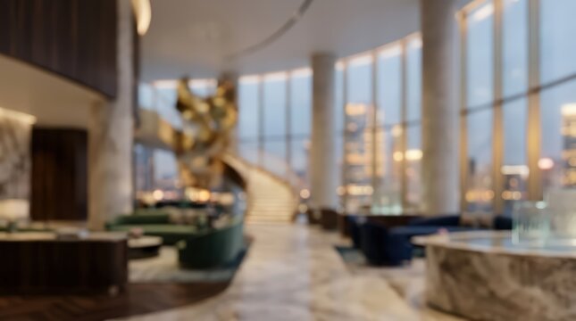 Luxury hotel lobby interior featuring a grand staircase and floor to ceiling windows with city views. Soft focus background provides a professional backdrop for corporate presentations.