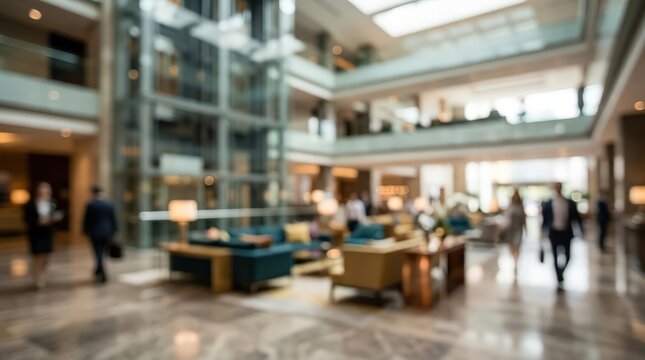 Blurred business professionals walk through a spacious hotel lobby with glass elevators and lounge seating. The bright interior features a soft focus effect for corporate backgrounds.