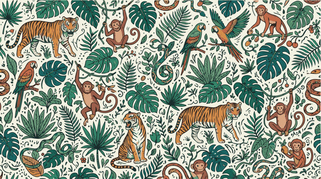 Jungle animal pattern, vibrant tropical wildlife vector illustration, exotic rainforest flora and fauna, seamless safari design for textiles and decor.