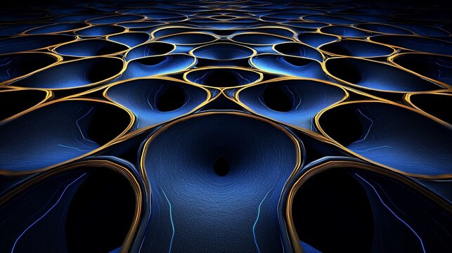 Abstract blue and gold 3D fractal pattern.