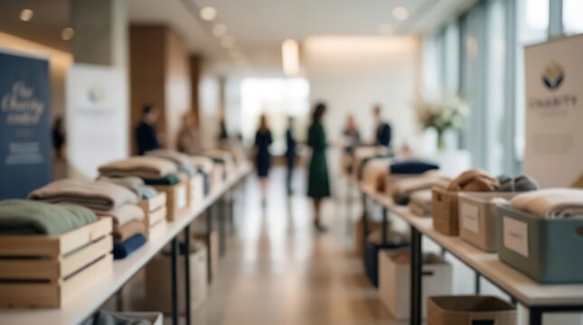 Charity donation drive event with folded clothing items organized in wooden crates on tables. Blurred people walk through a bright community center hall during a collection campaign.