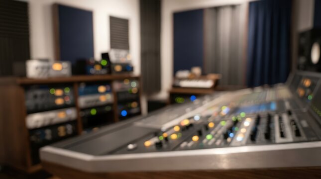 Professional audio mixing console sits in a recording studio with blurred rack equipment in the background. Soft bokeh lights illuminate the control surface and sound engineering gear.