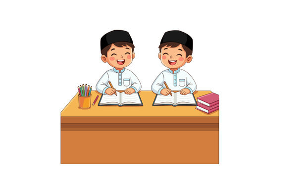 Two happy Muslim schoolboys wearing traditional Islamic uniform and peci sitting together at a wooden desk, studying, reading books, and writing in classroom vector illustration.