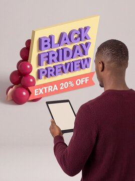 Black Friday preview sale banner with man holding tablet