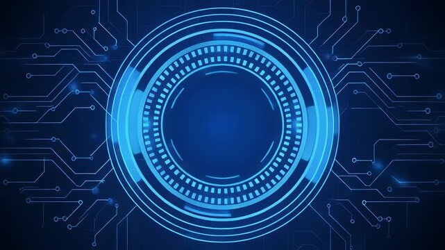 Abstract blue hud circles with circuit board patterns in dark futuristic background motion