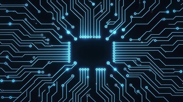 Abstract digital circuit board pattern with glowing blue lights in darkness