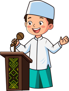 Young Muslim boy giving a speech or sermon at a podium with a microphone vector illustration