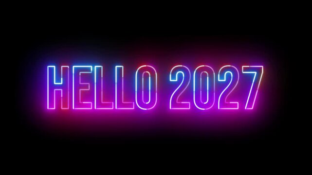 Colorful Neon Glow Hello 2027 Text Animation on Black Background for New Year Celebration, Year Transition, Countdown and Festive Video
