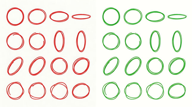 Red and green hand drawn circles and ovals on white background