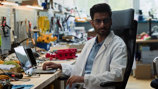 Portrait of Indian young adult male engineer in lab coat typing on laptop and looking at camera. Video is suitable for robotics education and tech recruitment ads