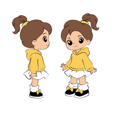 Cute Chibi Girl Character Sketch in Yellow Hoodie and White Skirt, Hand Drawn Kids Fashion Illustration with Two Character Views