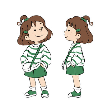 Hand Drawn Girl Character in Sketch Style, Cute Cartoon Child with Front and Side Views, Character Design Reference Illustration