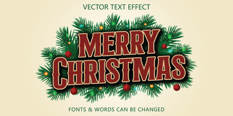 Naklejka premium Editable Merry Christmas Vintage Typography Text Effect with Pine Branches and Ornament.