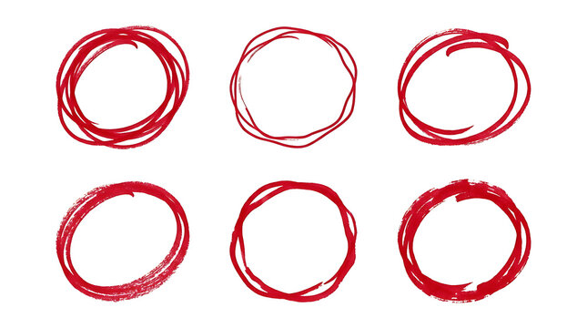 Six red hand drawn circles on white background red circles
