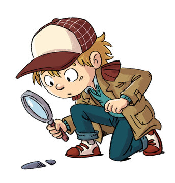 Boy detective examining a shoe print with a magnifying glass, isolated drawing