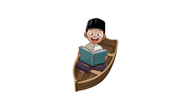Happy Muslim boy sitting in a wooden boat reading Quran, vector illustration.