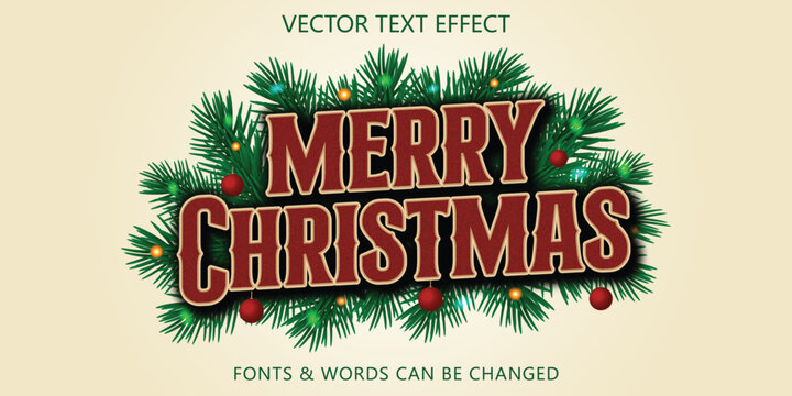 Editable Merry Christmas Vintage Typography Text Effect with Pine Branches and Ornament.