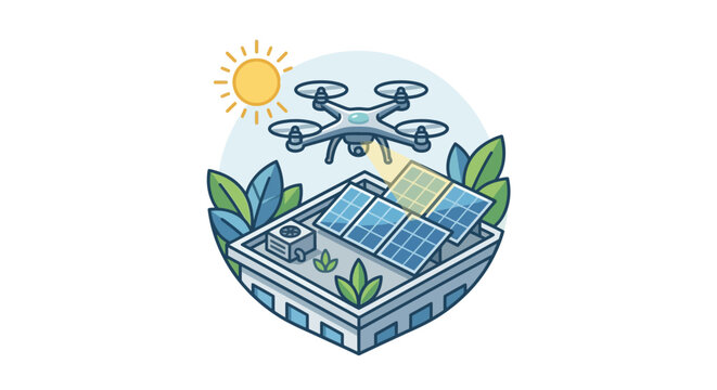 Industrial drone performs a thermal inspection and efficiency check on a rooftop solar panel installation under a bright sun. A circular flat vector illustration badge.