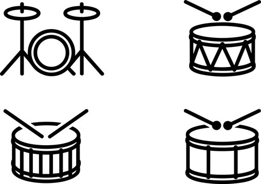 Drum kit and musical instruments line icons set representing percussion rhythm beat and concert audio equipment vectors