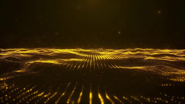Golden particle waves moving across digital landscape during golden hour with bokeh effects