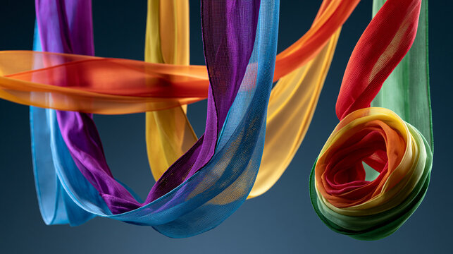 Abstract Hanging Colorful Silk Fabrics Flowing Over A Dark Background
