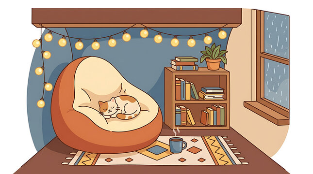 A Peaceful Reading Nook with a Sleeping Cat, Bookshelf, and Warm String Lights