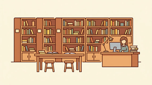 A warm and inviting school library interior with rows of books, tables, and a study desk
