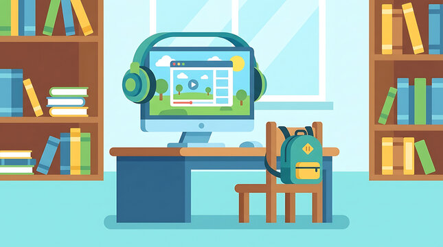 Computer workstation with headphones and backpack in a school library corner for online learning
