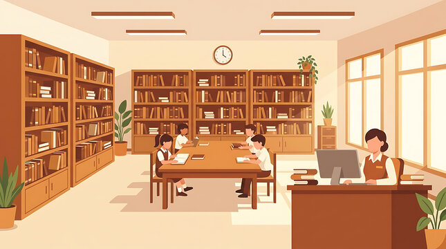 Children learning and reading books together in a cozy school library interior scene