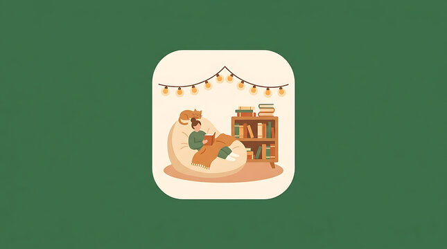Cozy reading nook with a woman, cat, and bookshelf, ideal for creating a warm and inviting atmosphere.