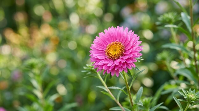 Close Up View of Vibrant Pink Aster Bloom in Sharp Focus with Soft Blurred Green Garden Bokeh Background aster flower pink purple bloom petal macro close up garden natural foliage green bokeh blurred