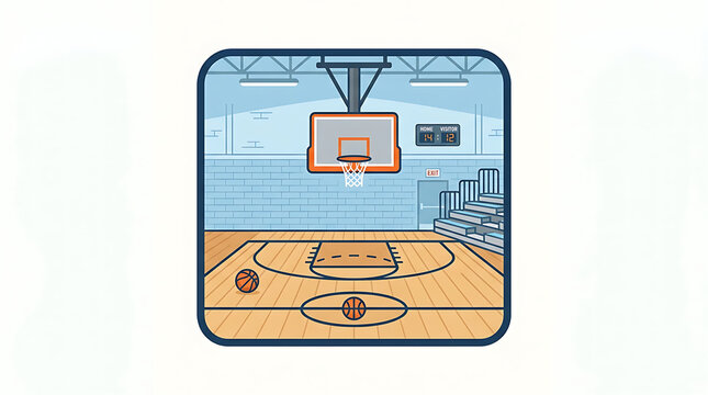 Indoor basketball court with two balls and hoop, set for game action