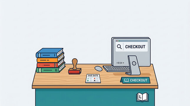 Library checkout desk with computer and books, illustration of digital book lending and management.