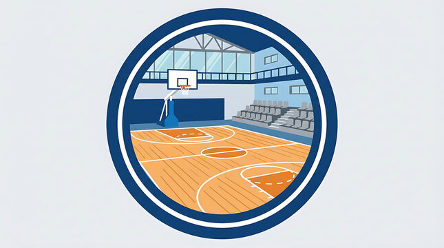 Empty Basketball Gymnasium Court with Bleachers and Hoop Ready for Play