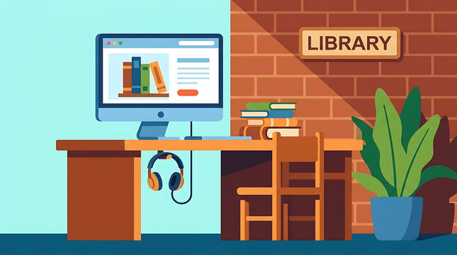 Modern Library Computer Corner with Books and Headphones for Digital Learning