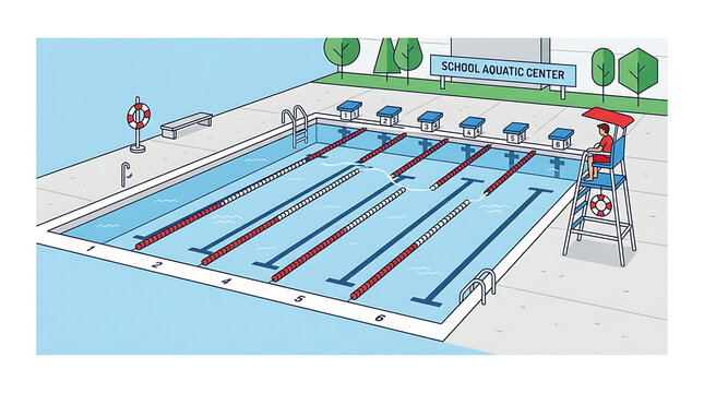 School Aquatic Center Swimming Pool with Lanes and Starting Blocks Ready for Competition