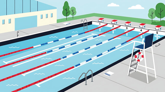 School swimming pool illustration with lanes and building exterior on a sunny day