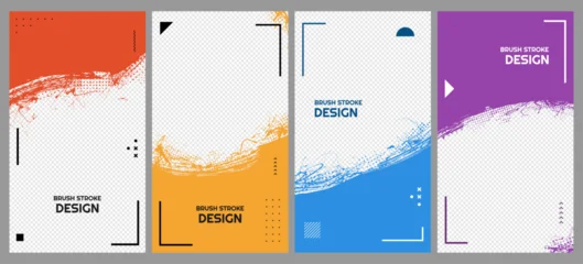 Vector illustration. Bold colorful grunge texture frame with brush strokes, paint splashes and halftone dots. Trendy retro design elements for vertical background, leaflet, flyer, coupon, voucher © VVadi4ka