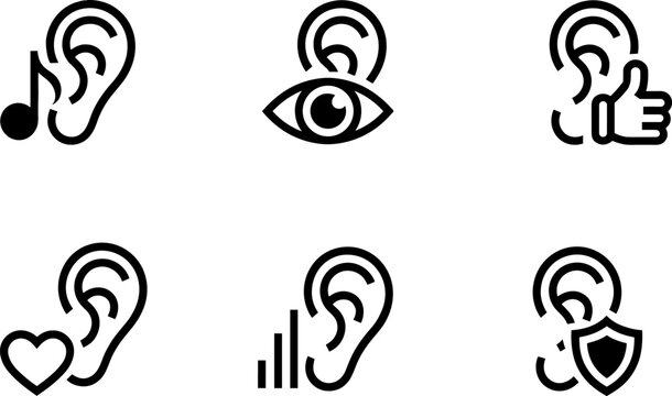 Hearing concept and ear line icons set representing audio perception sound control and hearing protection