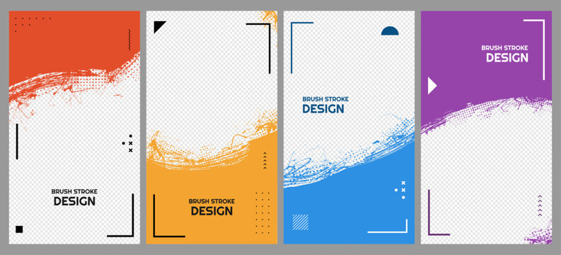 Vector illustration. Bold colorful grunge texture frame with brush strokes, paint splashes and halftone dots. Trendy retro design elements for vertical background, leaflet, flyer, coupon, voucher