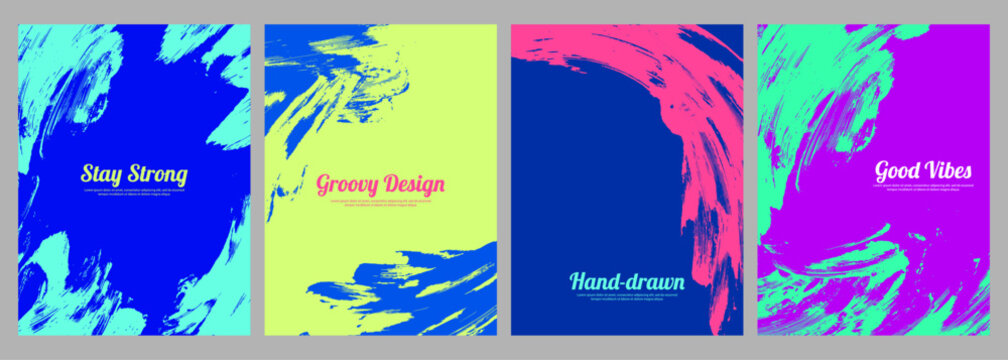 Vector illustration. Set of vibrant abstract backgrounds with grunge brush strokes and paint splatters. Design templates for poster, magazine or book cover, report, flyer. Colorful fluorescent style