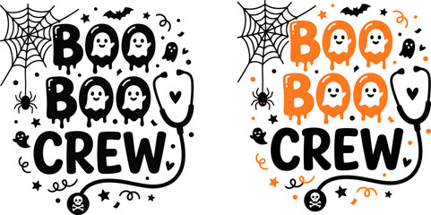 Obraz premium Boo crew halloween design with spooky ghosts and cobwebs in black and orange versions