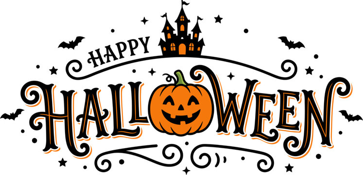 A cheerful watercolor happy halloween illustration featuring a pumpkin castle spooky bats and elegant calligraphy details