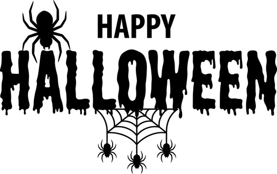 Happy halloween spooky text with spider and web illustration on a white background