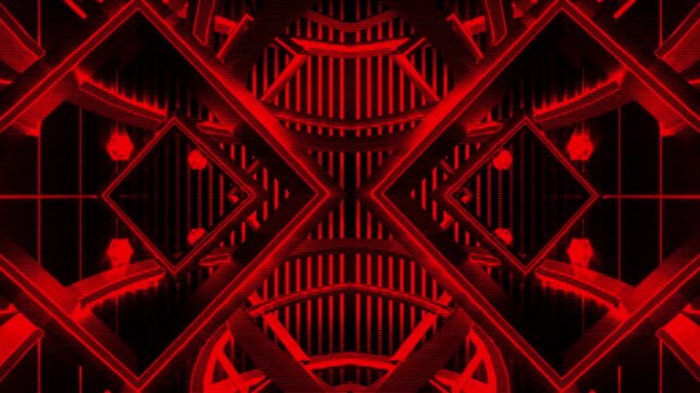 Symmetrical red neon rails and layered geometric shapes create a futuristic digitalized tunnel environment.