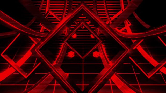 Futuristic red neon rails and geometric structures form a deep digitalized tunnel with scanline effects.
