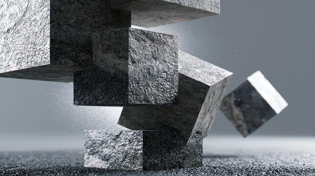 Floating abstract concrete cubes in industrial space with rough stone texture and dramatic lighting 3D render
