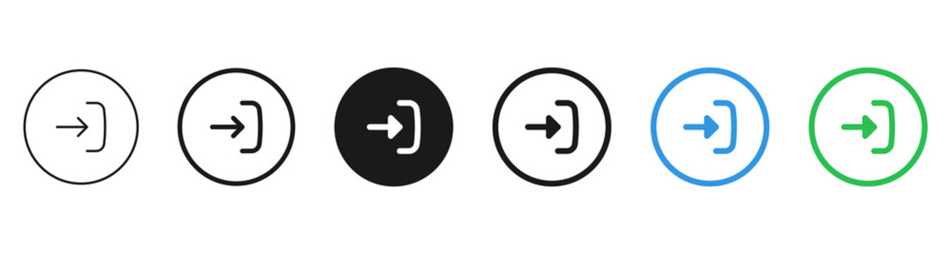 Set of account login and enter arrow icons in circle badges, shown in outline, filled, and colored blue and green styles for sign in or exit actions.