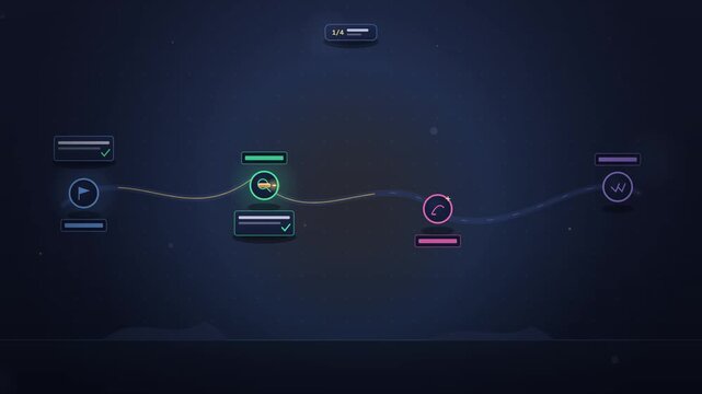 Multi agent relay handoff animation. Golden baton passes across plan research draft review stations on glowing track with finish flag for team workflow explainer concept. Seamless loop motion graphic 