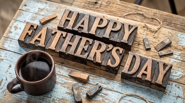 Vintage Happy Father's Day greeting, rustic wooden letterpress blocks on weathered table, morning coffee cup with steam